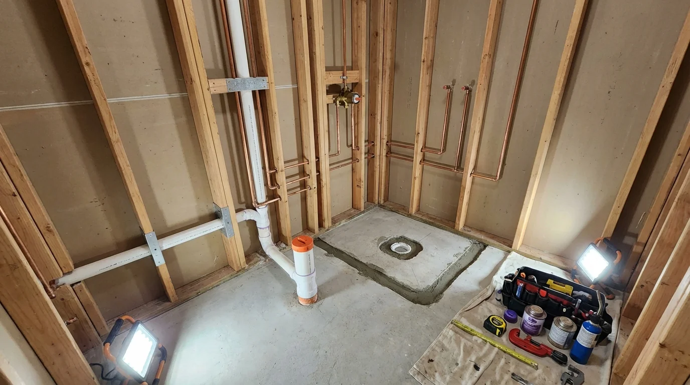 Bathroom rough-in plumbing during remodel by Johns Plumbing LLC in Queen Anne