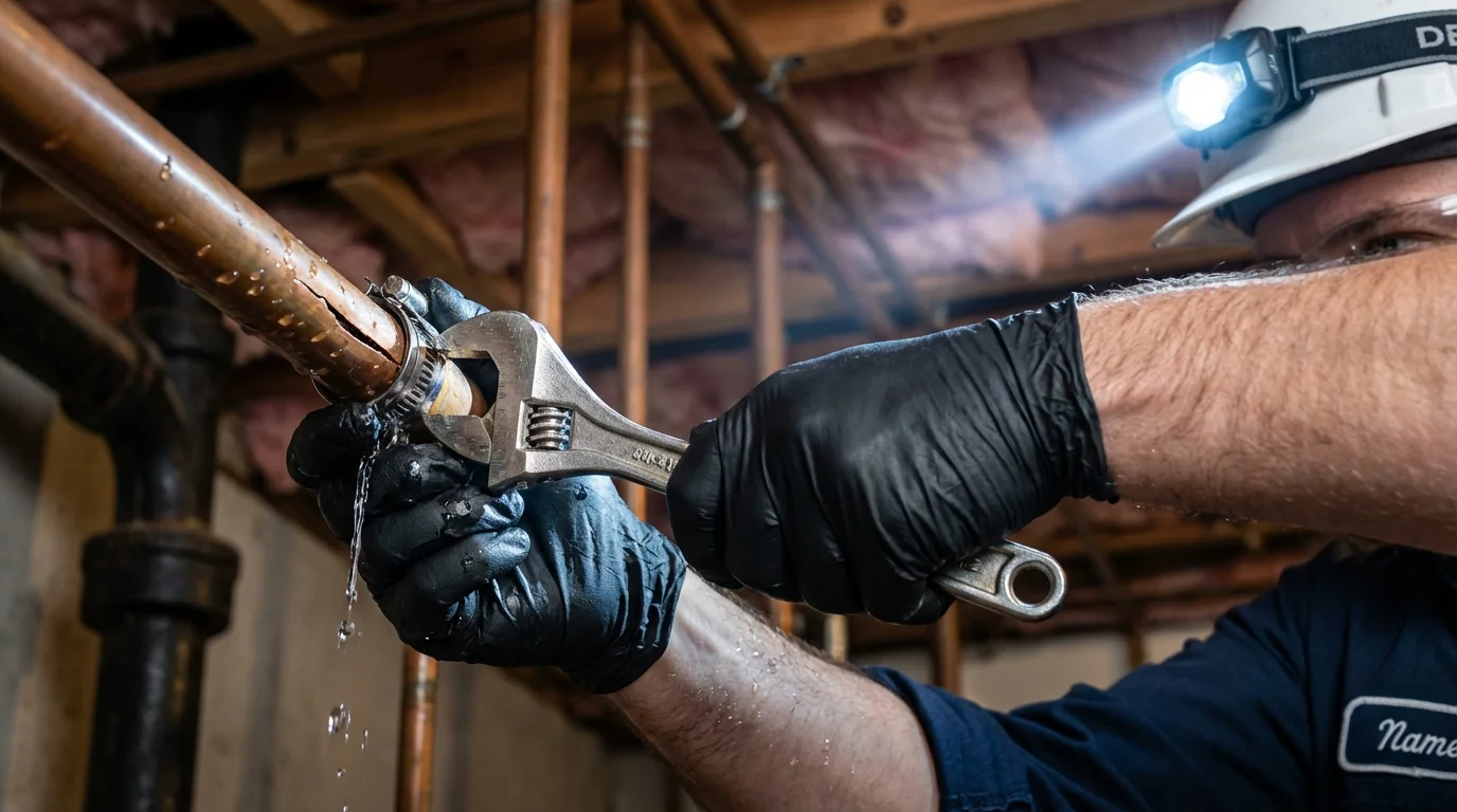 Emergency pipe clamp repair being performed by a Johns Plumbing LLC plumber in Queen Anne