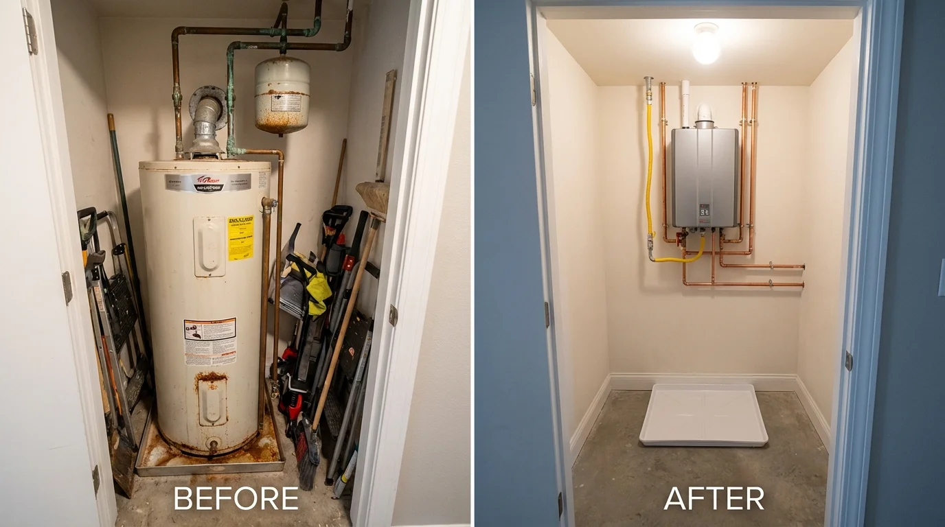 Tank water heater versus wall-mounted tankless unit comparison for Queen Anne, MD homeowners