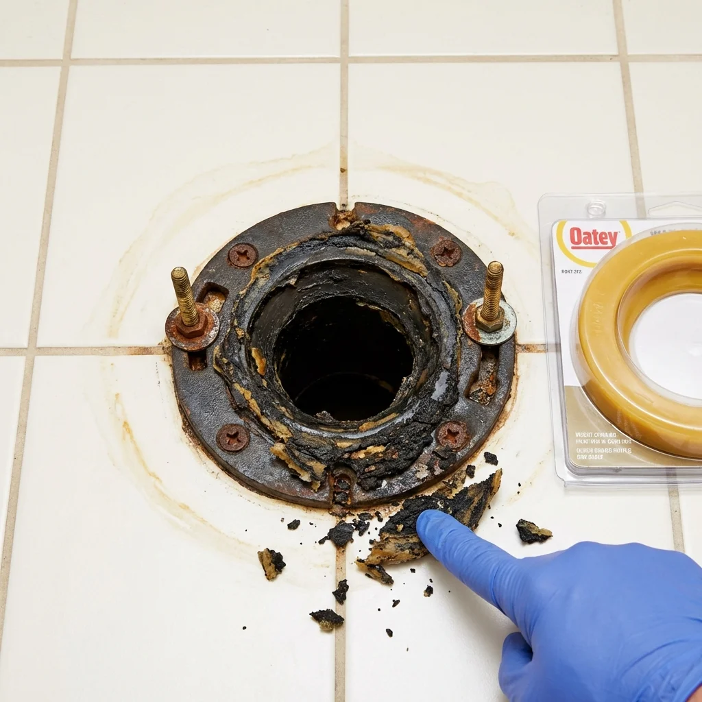 Failed wax ring showing water seepage at the base of a toilet in a Queen Anne, MD home