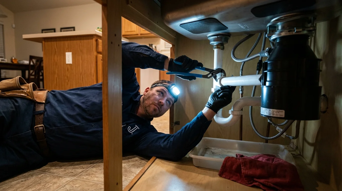 P-trap and supply line connections under a kitchen sink showing a common leak point in Queen Anne, MD